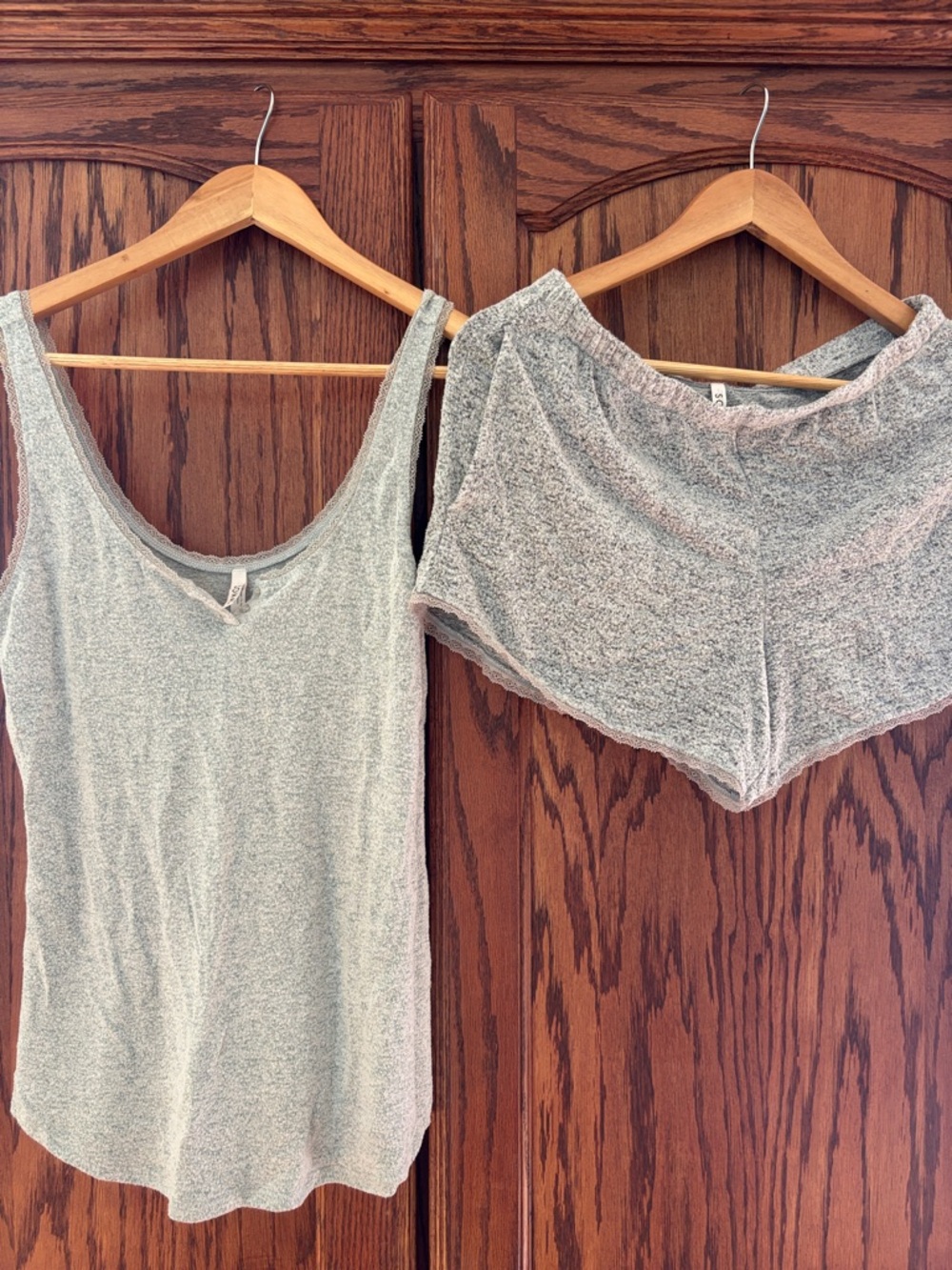 SOMA' lounge set- Soft Mint Green Knit Tank with Lace Trim, grey knit shorts